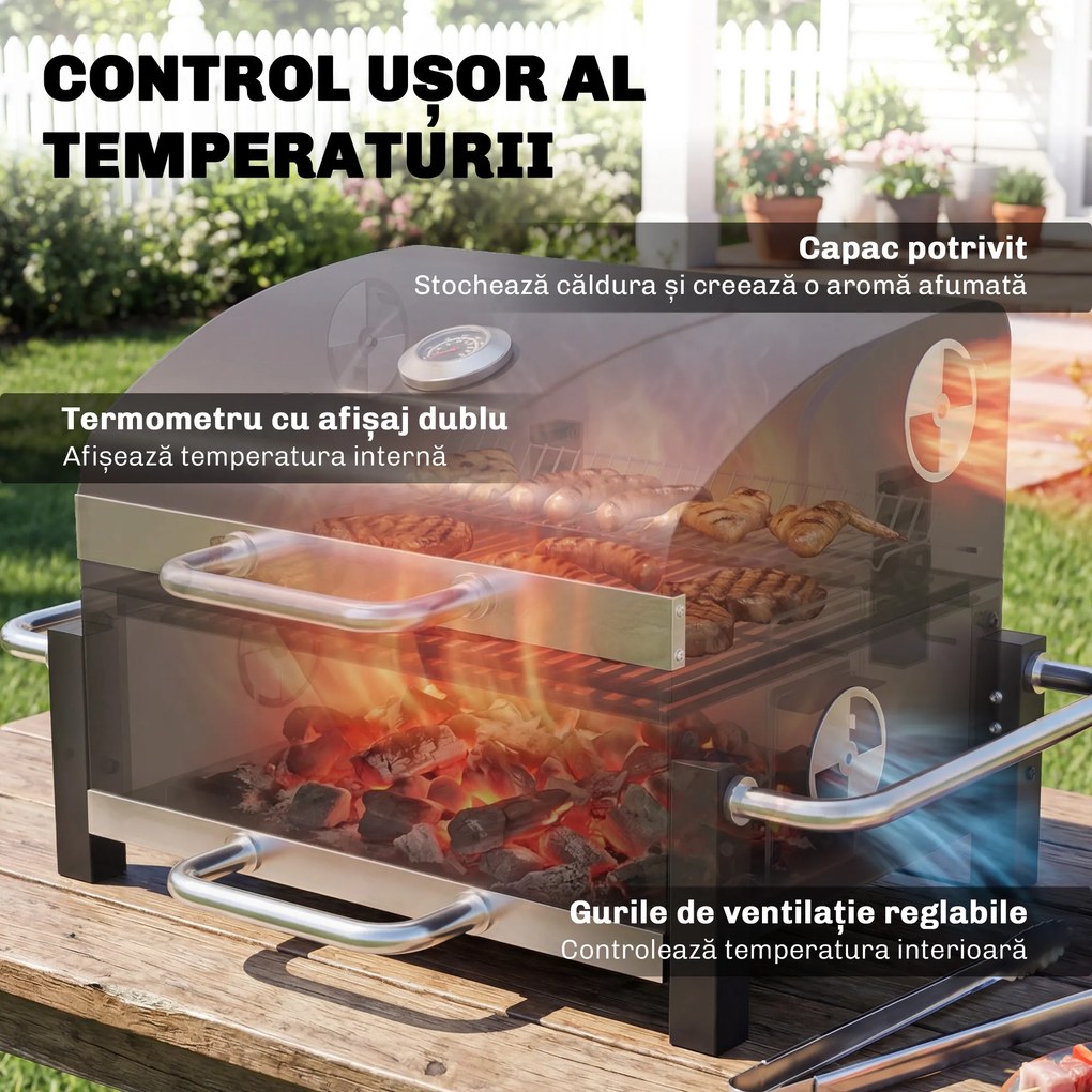 Outsunny Grătar Pe Cărbuni cu Orificii de Ventilație, Sertar pentru Cenușă, Grătar Portabil cu Termometru, Grătare, Capac, Mâner din Oțel Inoxidabil, BBQ pe Cărbuni pentru Grădină Camping, Negru | Aosom Romania