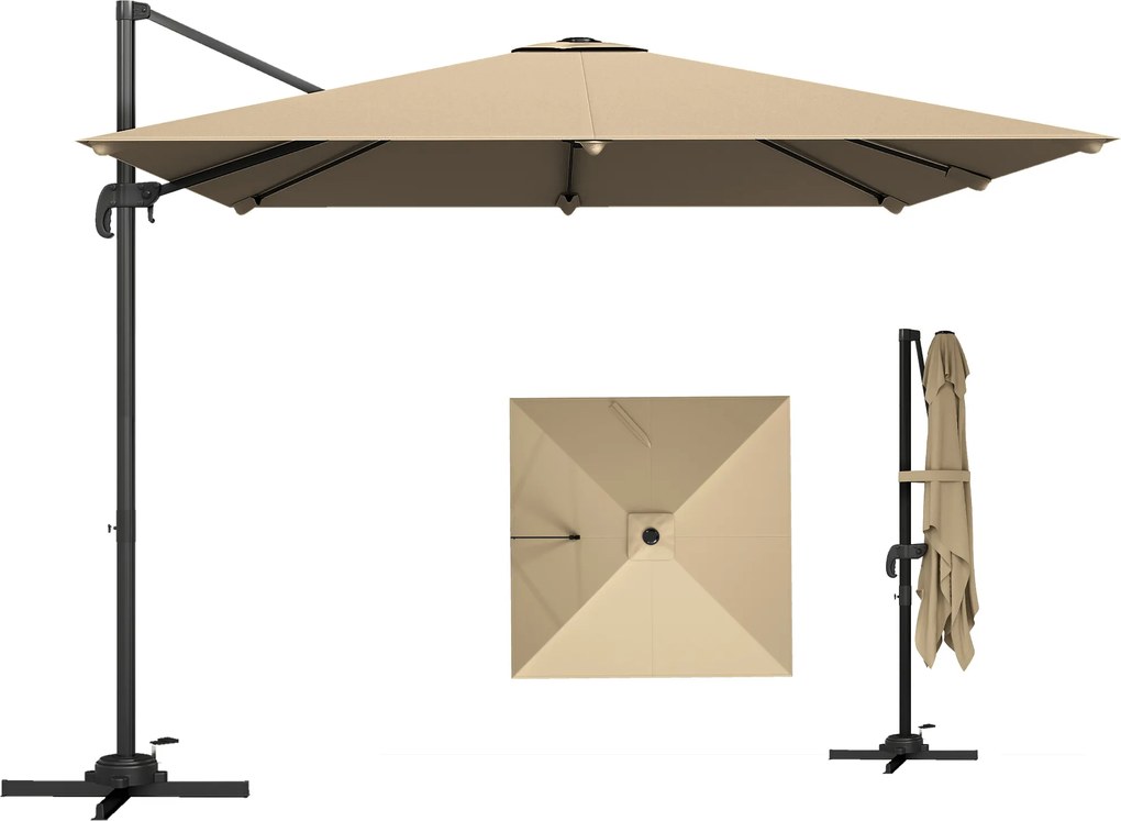 Outsunny Umbrelă cu stâlp lateral pătrată 3 x 3 m, umbrelă de grădină pentru exterior, rotire 360°, înclinabilă 5 poziții, bază în cruce, kaki | Aosom Romania