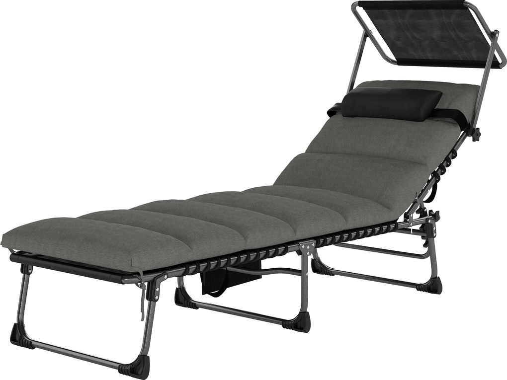 Outsunny Șezlong 5 poziții reglabil, cu copertină, pernă, suport pentru cap și buzunar lateral, 190x57x30cm, Gri închis | Aosom Romania