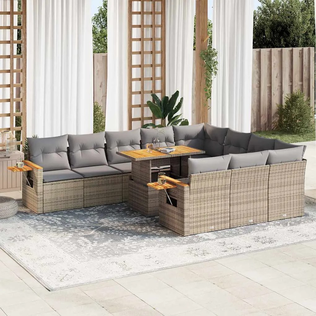 vidaXL Set canapele grădină perne 11 piese bej, poliratan/lemn acacia