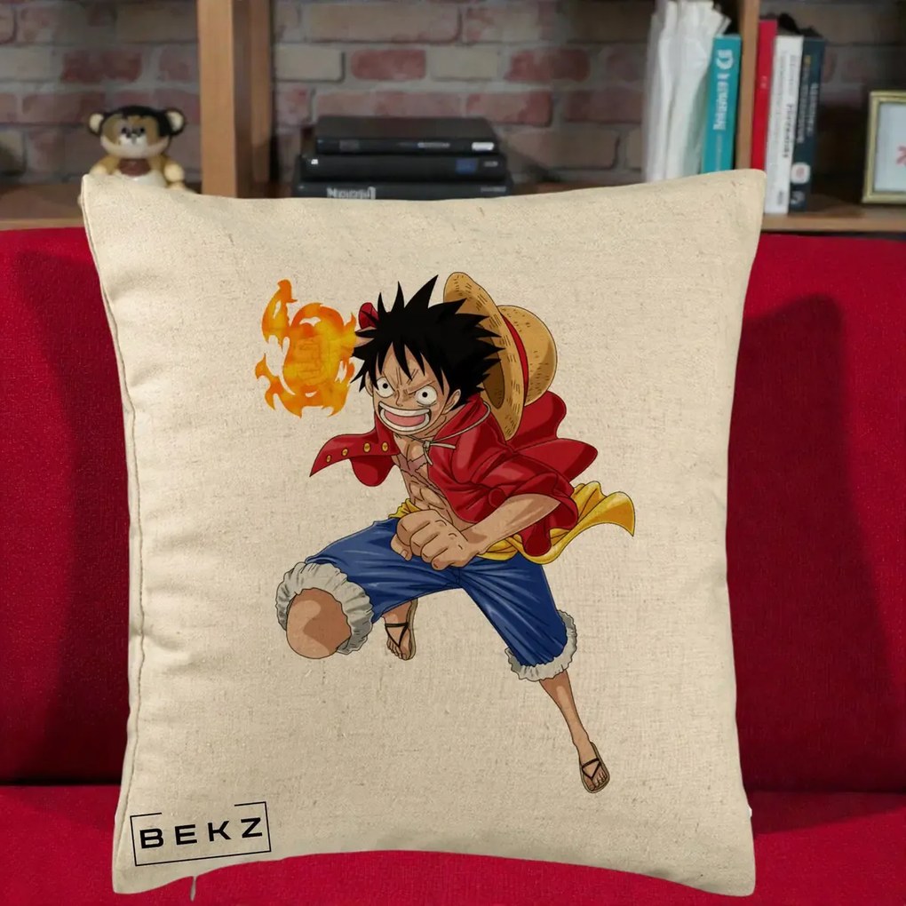 Perna Personalizata One Piece Luffy Gear Second Foc, 40x40 cm, Bej, Husa Detasabila, Perna Inclusa, BEKZ®
