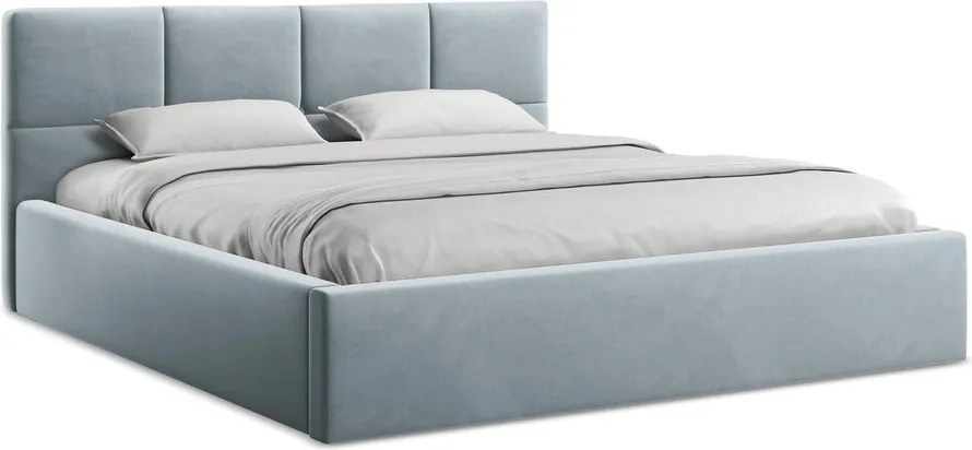 Pat matrimonial albastru deschis tapițat din catifea cu spațiu de depozitare cu somieră 140x200 cm Hiko – Makamii