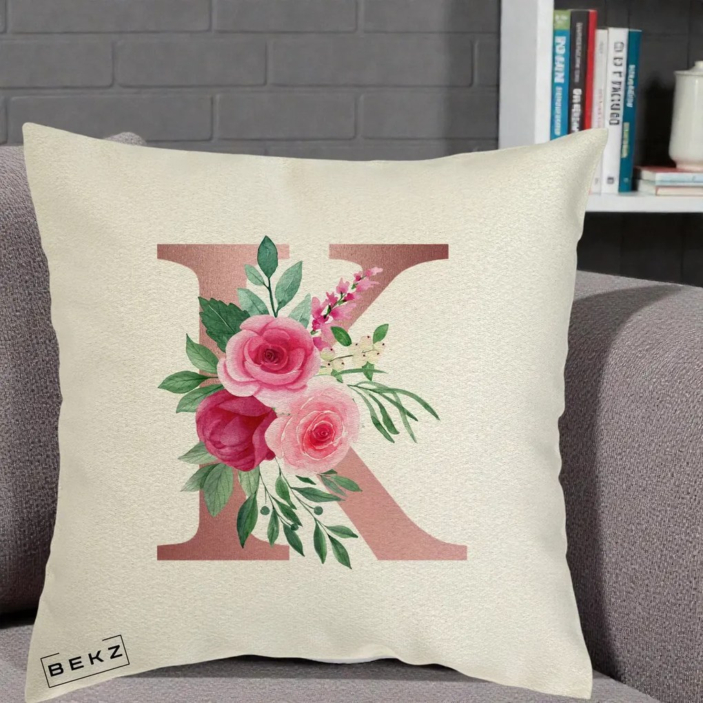Cadou Personalizat - Perna Personalizata Monograma Rose Gold Litera K, 40x40 cm, Ecru, Husa Detasabila, Perna Inclusa, BEKZ®