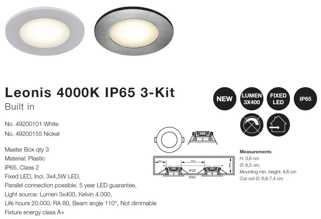 Set de 3 spoturi LED incastrabile pentru baie IP65 Leonis alb 4000K 49200101 NL