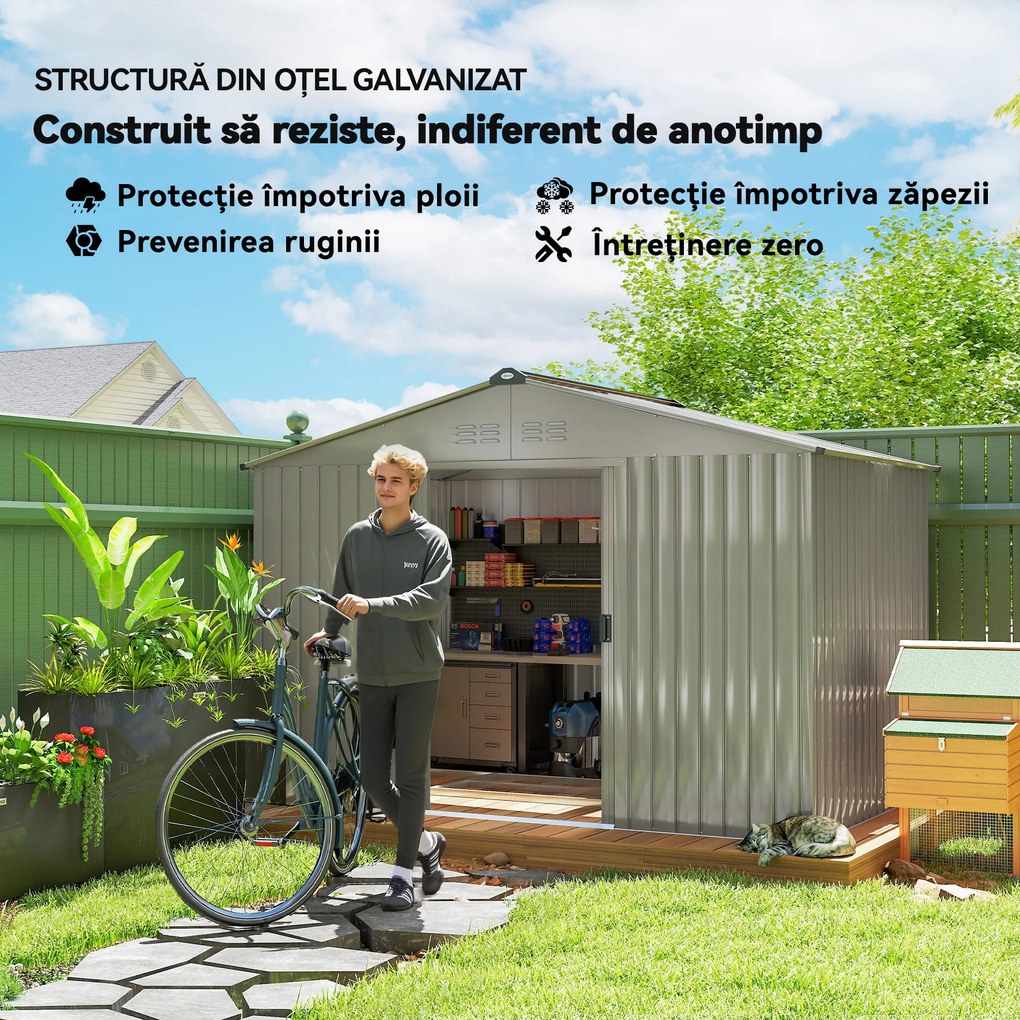Outsunny Magazie de Grădină 4,9 m² 277x195x192 cm cu 2 Uși Culisante, Acoperiș Înclinat și 4 Grile de Ventilație, Gri Argintiu | Aosom Romania