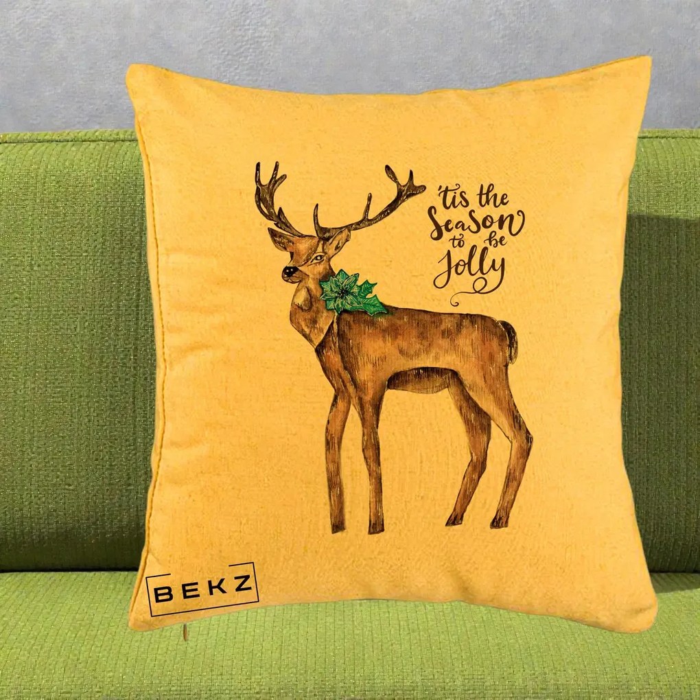 Perna Decorativa Ren Tis the Season to be Jolly, 40x40 cm, Galben, Husa Detasabila, Perna Inclusa, BEKZ®