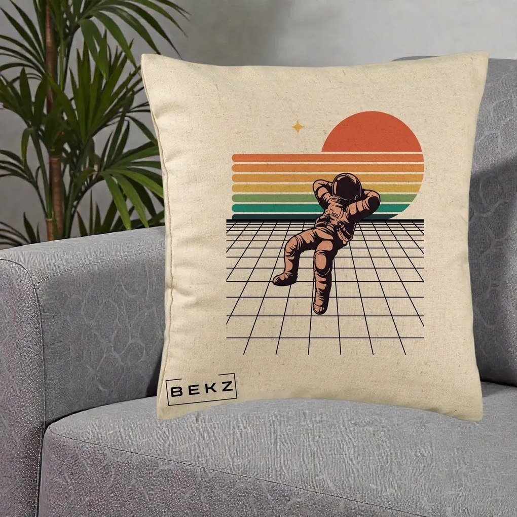Perna Decorativa Astronaut Retro Space, 40x40 cm, Bej, Husa Detasabila, Perna Inclusa, BEKZ®