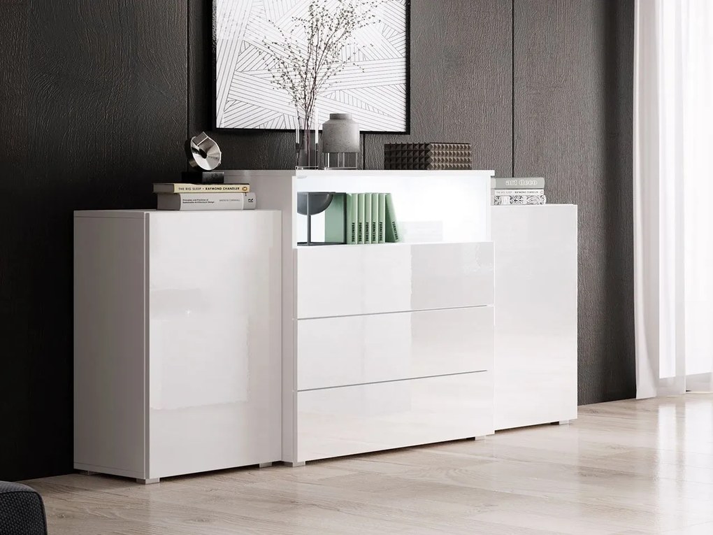Comodă combinată Freya III (Alb + Alb lucios) (Iluminat LED alb). Promo -16%. 1059639