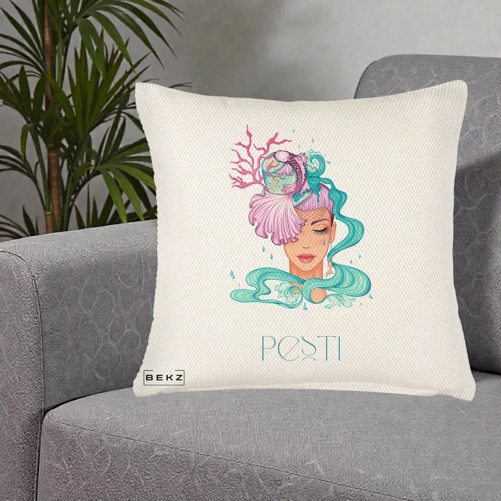 Perna Personalizata Zodiac Pesti Cowgirl, 40x40 cm, Crem Reliefat, Husa Detasabila, Perna Inclusa, BEKZ®
