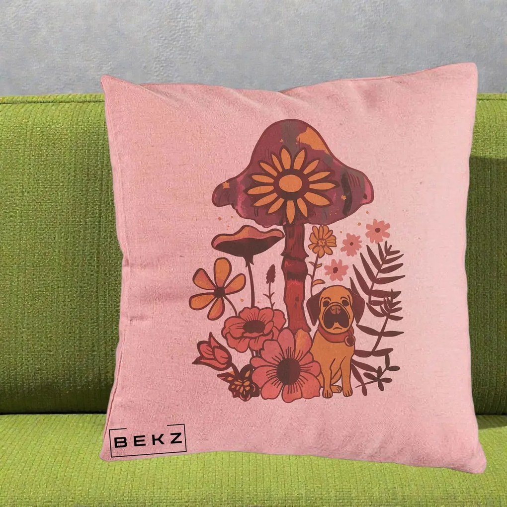 Perna Decorativa Ciuperca Caine Boho, 40x40 cm, Roz, Husa Detasabila, Perna Inclusa, BEKZ®