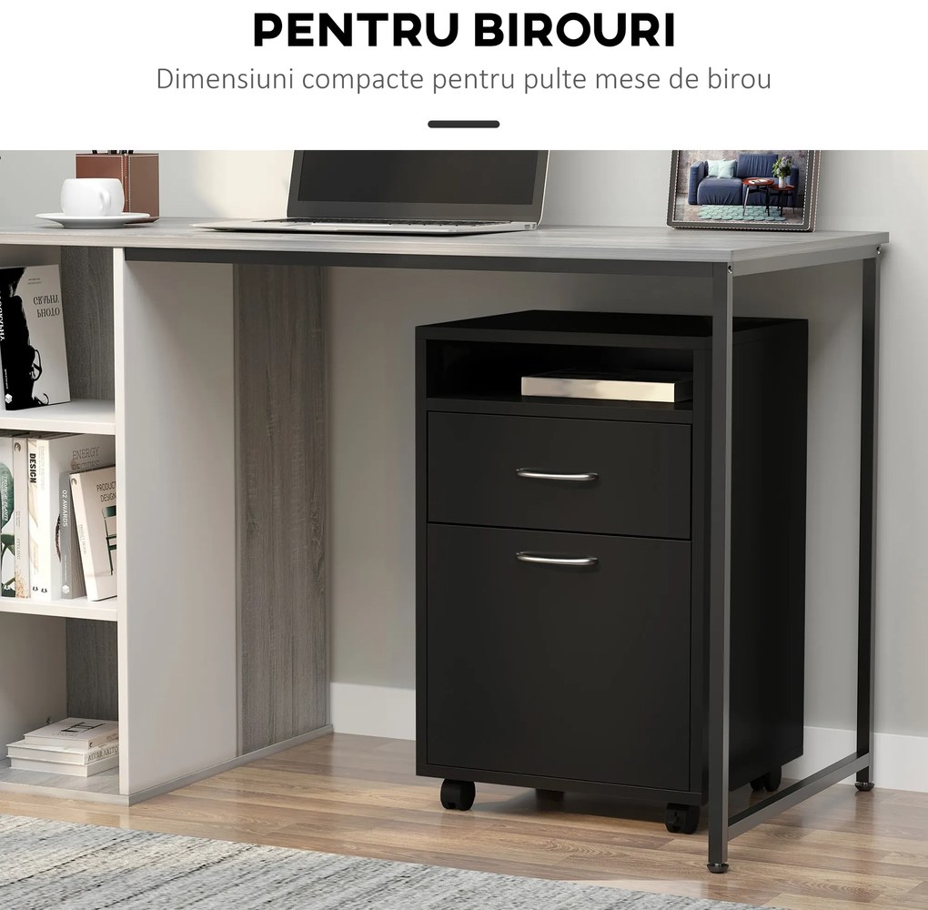 HOMCOM Dulap Mobil cu 4 Roți (2 cu Frână), Raft și 2 Sertare pentru Documente, PAL și Metal, 40x35x60 cm, Negru | Aosom Romania