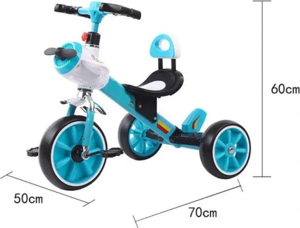 Tricicleta cu pedale NOVOKIDS™ Plane Trike, Cu melodii si lumini, Max 30 kg, Roti din spuma cauciucata, Cadru metalic, Model avion, Turquoise