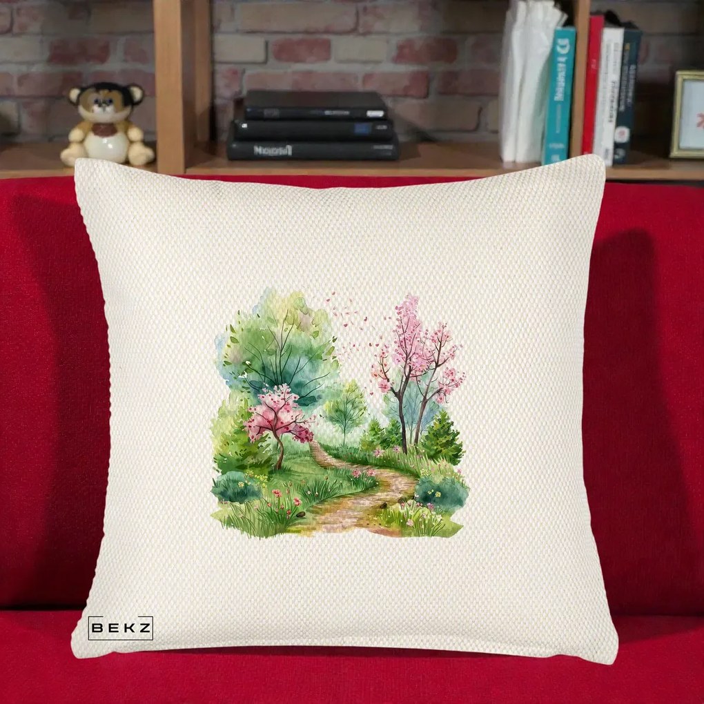 Perna Decorativa Gradina Primavara Acuarela, 40x40 cm, Crem Reliefat, Husa Detasabila, Perna Inclusa, BEKZ®