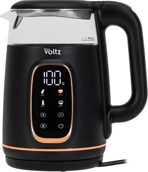 Fierbător electric Oliver Voltz OV51230AF, 2200 W, 1,7 l, 4 moduri, 13 setări de temperatură, afișaj LCD, comandă tactilă, negru/roz auriu