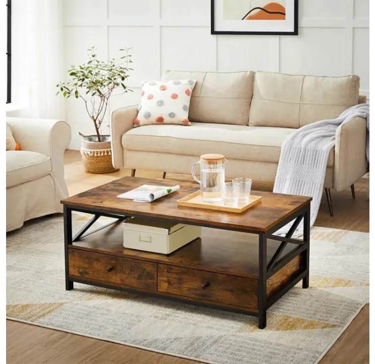 Masuta de cafea cu 2 sertare si raft, 100 x 55 x 47 cm, PAL melaminat / metal, maro, Vasagle