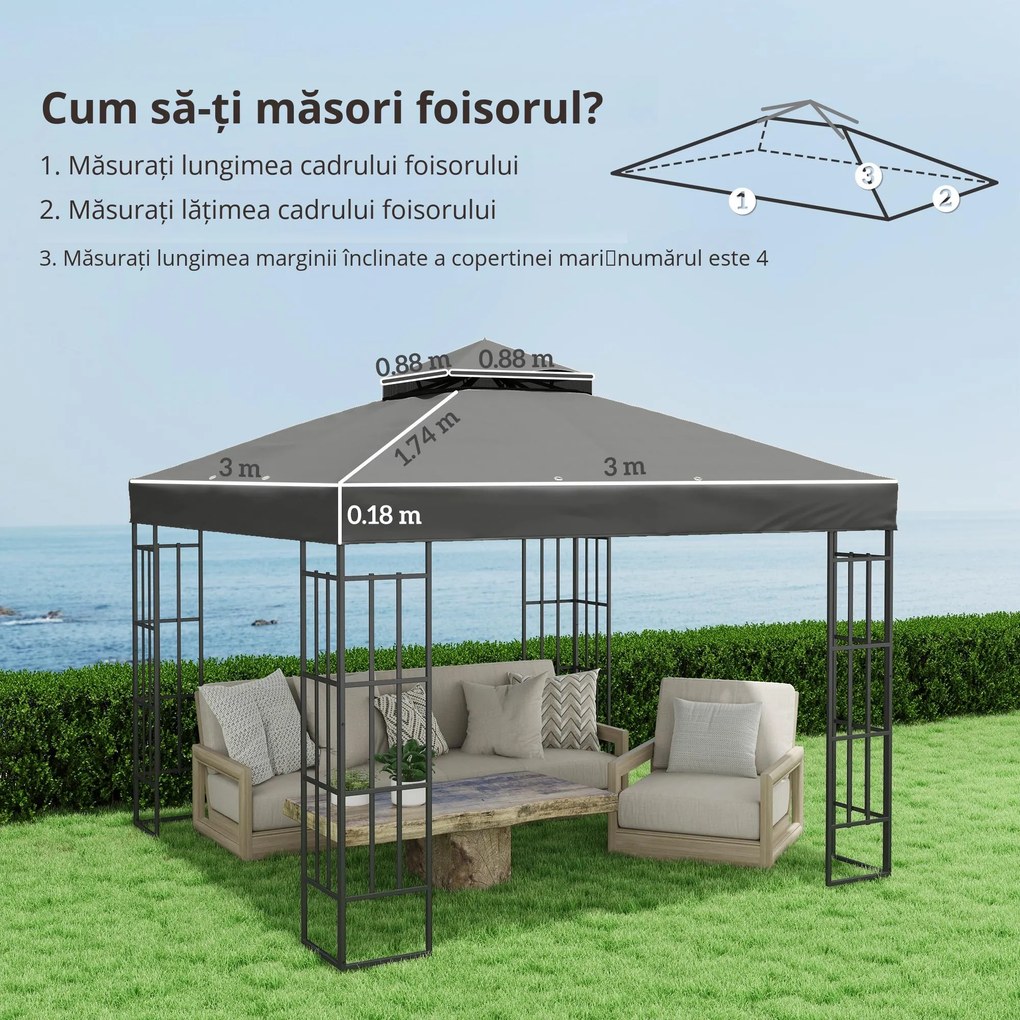 Outsunny Husă de schimb pentru pavilion 3 x 3 m, prelată de schimb pentru pavilion cu orificii de scurgere a apei, UPF30+, protecție solară, gri închis | Aosom Romania