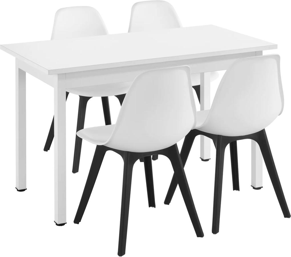 [en.casa] Set Viki masa bucatarie cu 4 scaune, masa 120 x 60 x 75 cm, scaun 83 x 54 x 48 cm, MDF/plastic, alb/alb/negru