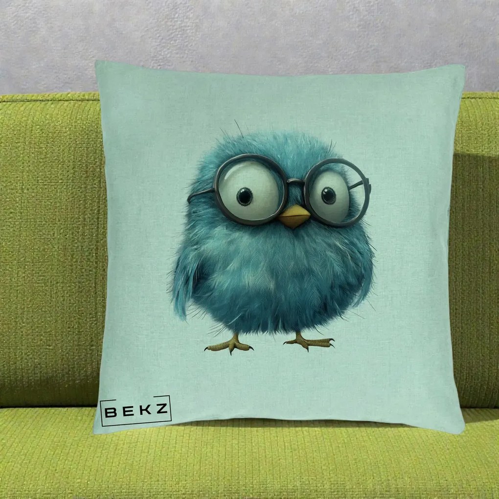 Perna Decorativa Pui Pufos Teal cu Ochelari, 40x40 cm, Verde Menta, Husa Detasabila, Perna Inclusa, BEKZ®