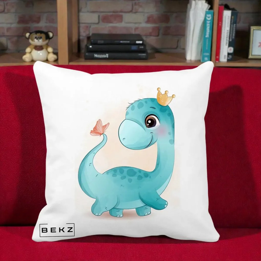 Perna Personalizata Dinozaur Bland Coroana Kawaii, 40x40 cm, Alba Mata, Husa Detasabila, Perna Inclusa, BEKZ®