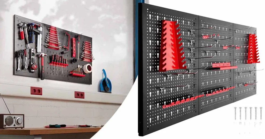 Panou metalic de perete pentru unelte cu carlige si rafturi