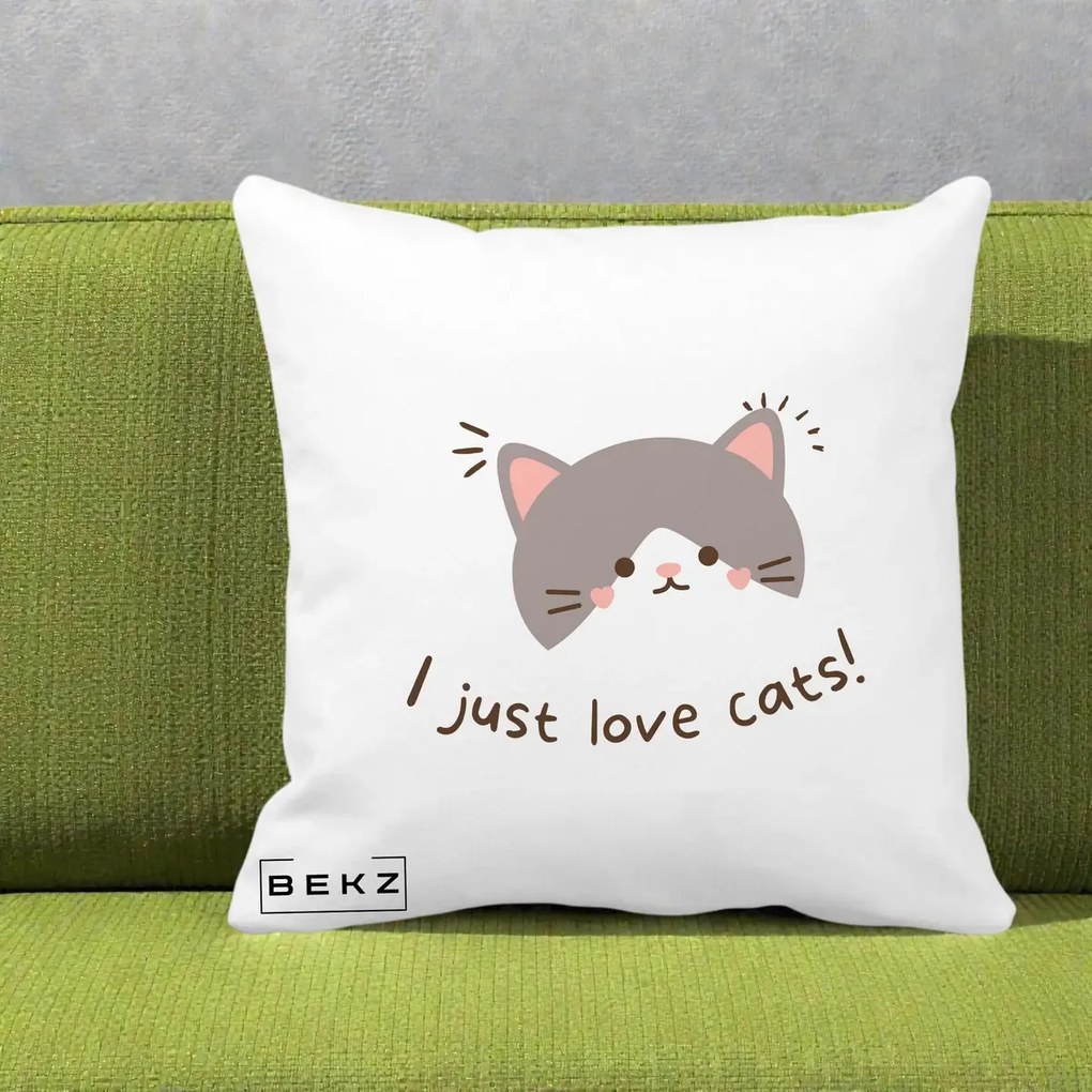 Perna Personalizata I Just Love Cats Pisica Kawaii, 40x40 cm, Alba Mata, Husa Detasabila, Perna Inclusa, BEKZ®