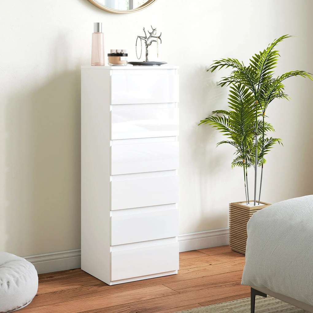 HOMCOM Comodă 6 sertare cu luciu înalt, mobilier de depozitare îngust fără mânere, 40 x 35 x 109 cm, alb | Aosom Romania