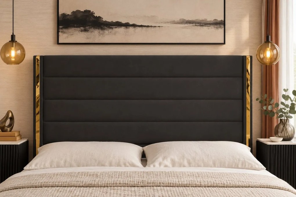 Pat tapițat din catifea Veyra 160×200 cm, negru, detalii aurii, cu ladă de depozitare