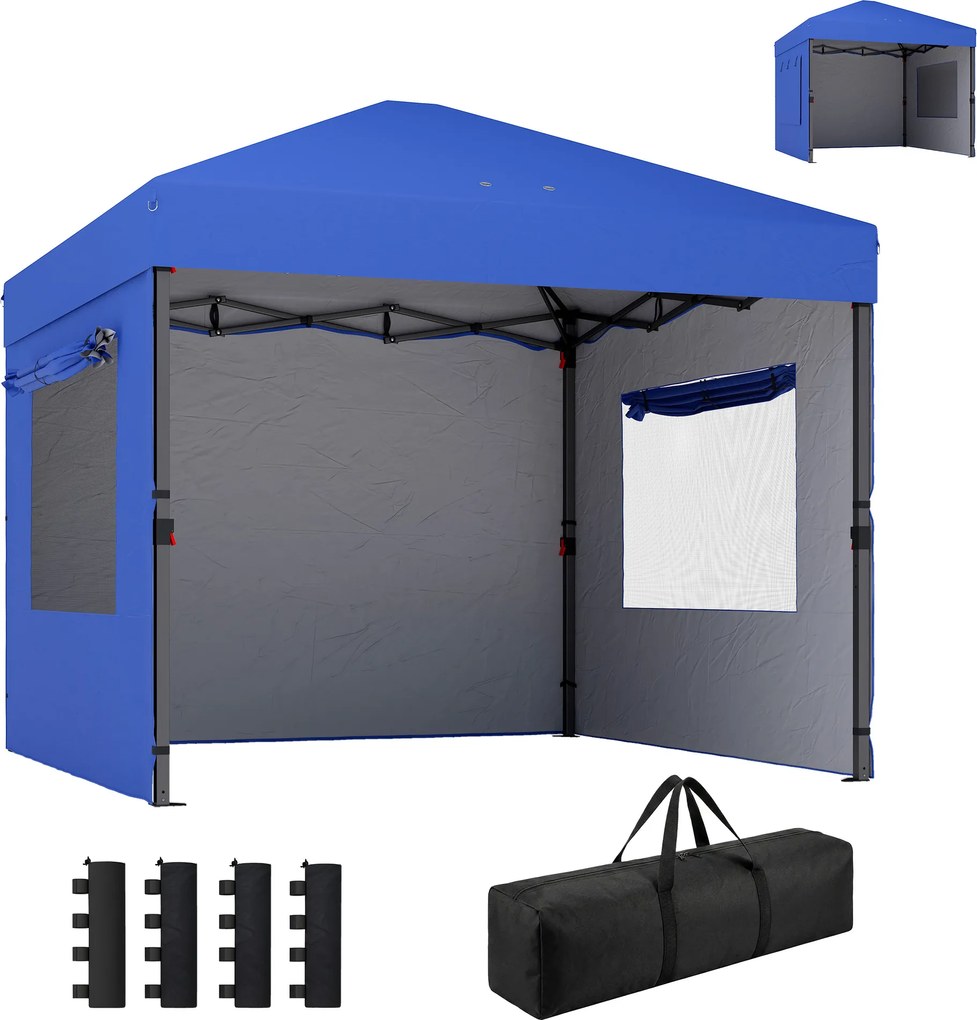Outsunny Cort Pliant Pop-up 3x3 m cu 3 Pereți 2 Ferestre Înălțime Reglabilă UPF50+ Husă Transport și Saci cu Nisip Albastru | Aosom Romania