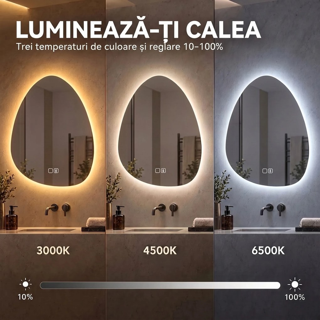 HOMCOM Oglindă de baie cu LED, 3 culori, 50x70 cm, neregulată, Bluetooth, anti-aburire, touch | Aosom Romania