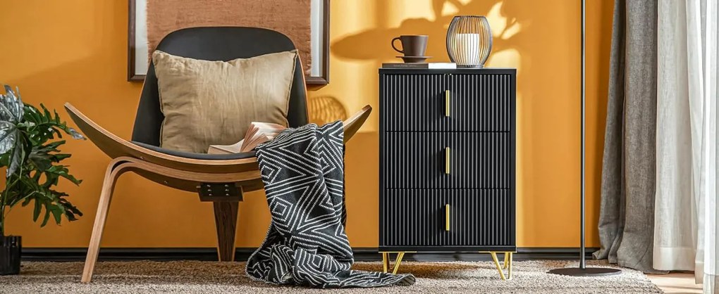 NON12 - Set 2x Noptiere negre 40x40x63cm, riflaje, cu 3 sertare, dormitor - Negru-Auriu