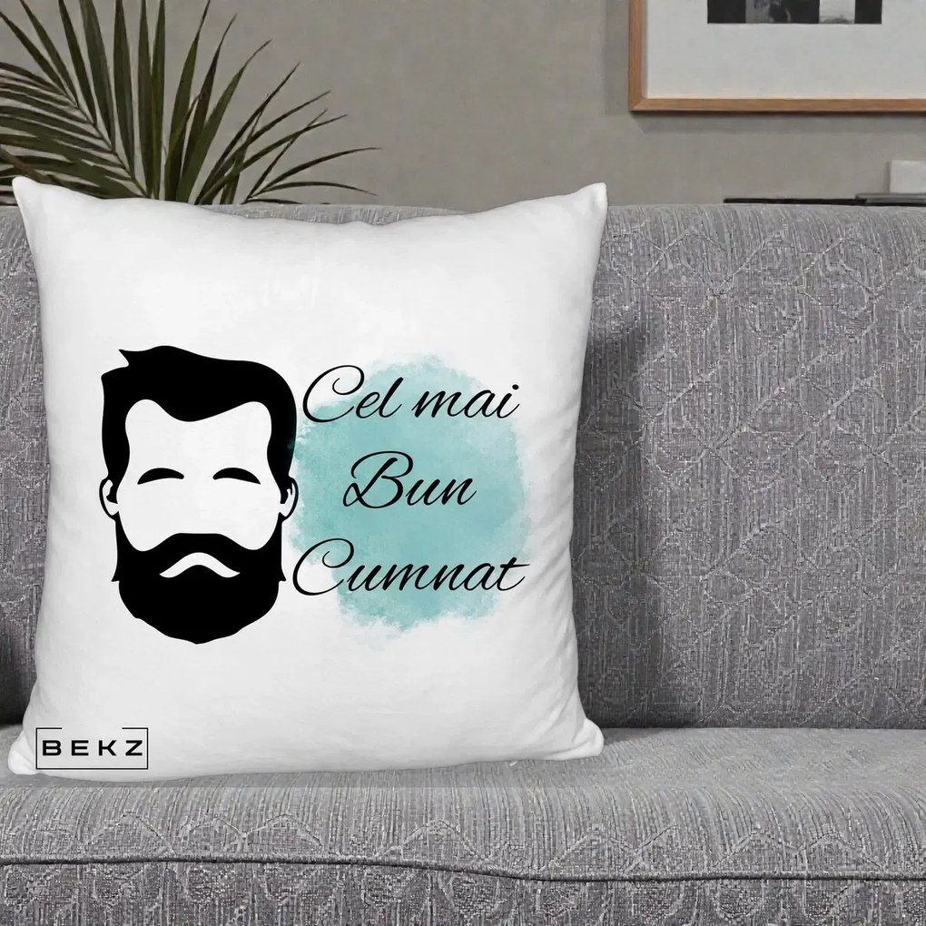 Cadou pentru Cumnat - Perna Personalizata Cel mai Bun Cumnat cu Portret Barbat si Pete Teal, 40x40 cm, Alb Pufos, Husa Detasabila, Perna Inclusa, BEKZ®