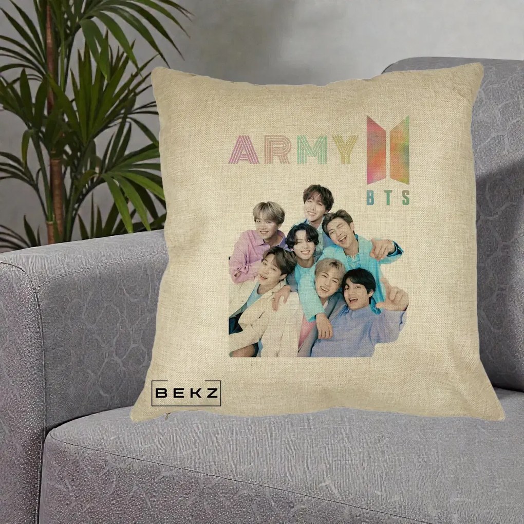 Perna Personalizata K-pop BTS ARMY Fotografie Grup Veseli, 40x40 cm, Crem, Husa Detasabila, Perna Inclusa, BEKZ®