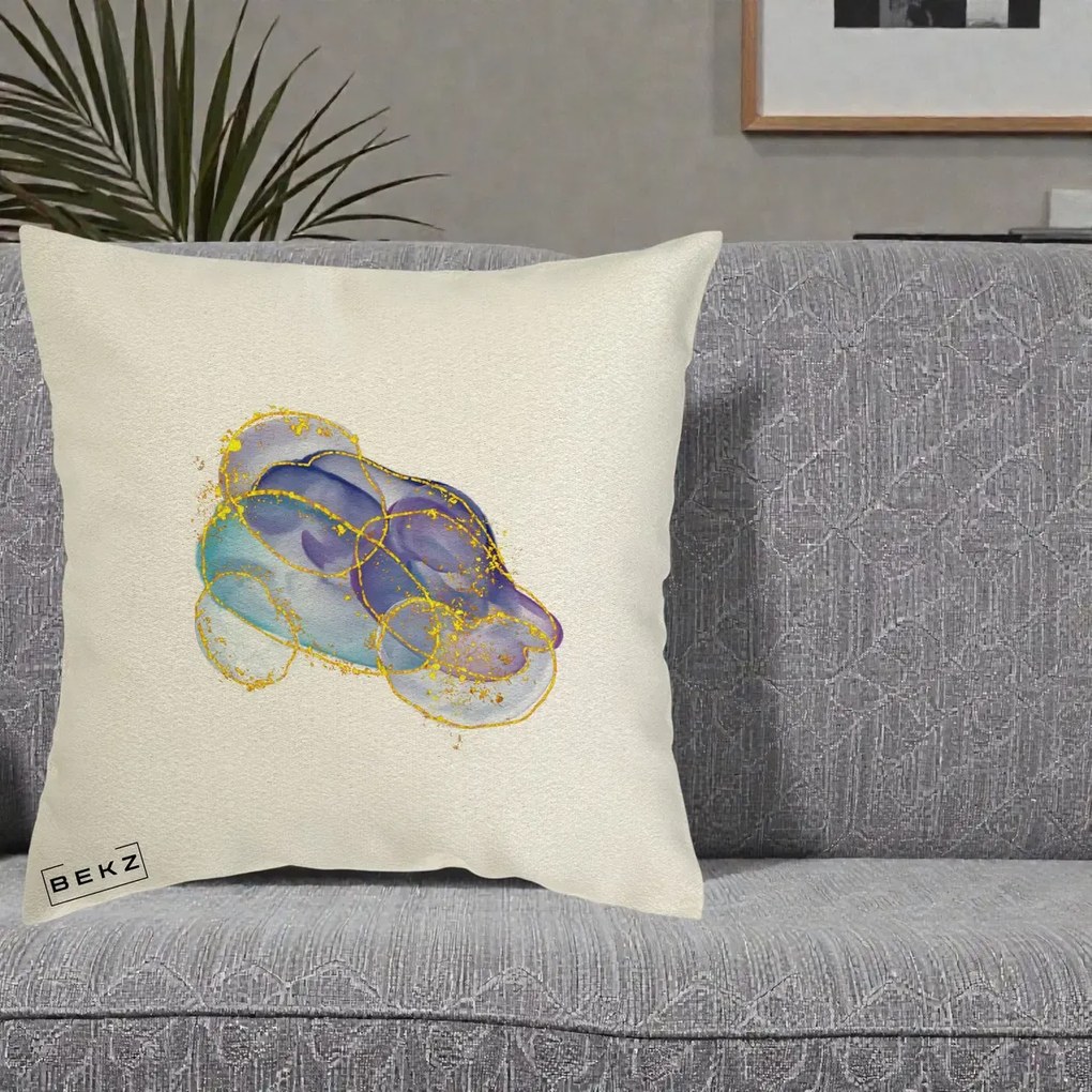 Perna Decorativa Abstract Acuarela Albastru-Mov cu Cercuri Aurii, 40x40 cm, Ecru, Husa Detasabila, Perna Inclusa, BEKZ®