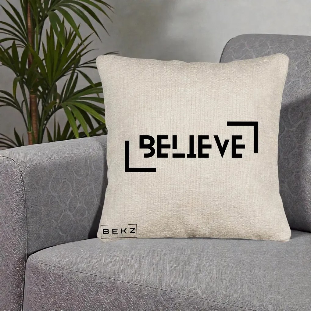 Perna Decorativa Believe Minimalist, 40x40 cm, Bej Canapea, Husa Detasabila, Perna Inclusa, BEKZ®