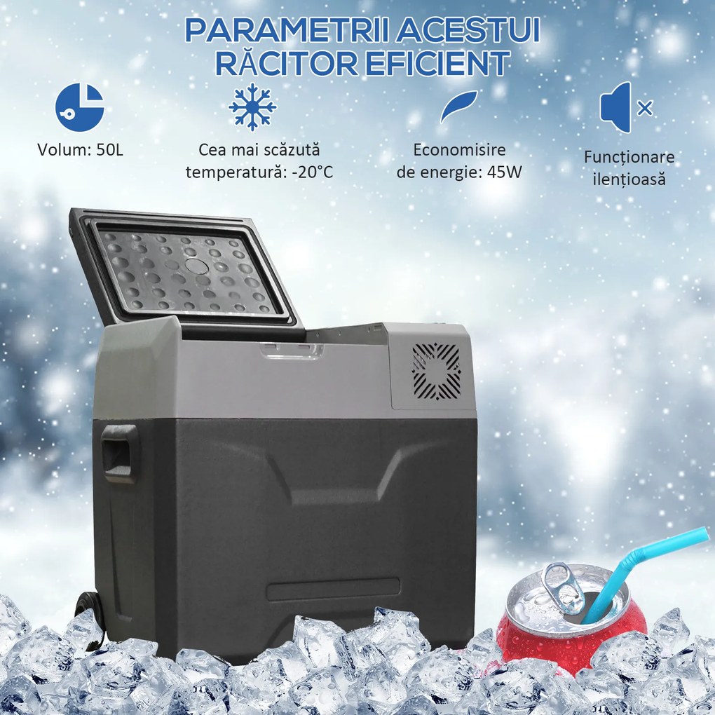HOMCOM Frigider Auto de 50L cu Panou Touch, Mâner și 2 Roți, 58.6x37.8x54.5 cm, Gri | Aosom Romania