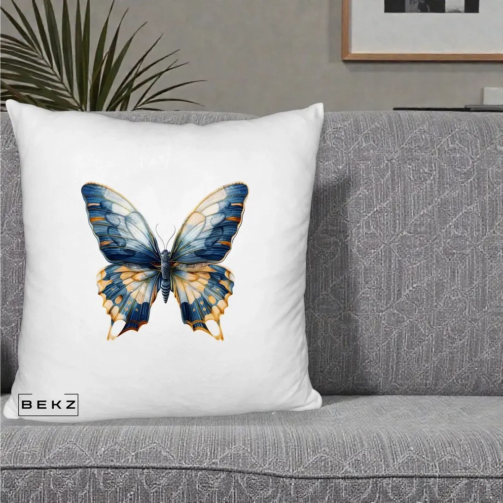 Perna Decorativa Fluture Albastru Auriu Elegant, 40x40 cm, Alb Pufos, Husa Detasabila, Perna Inclusa, BEKZ®