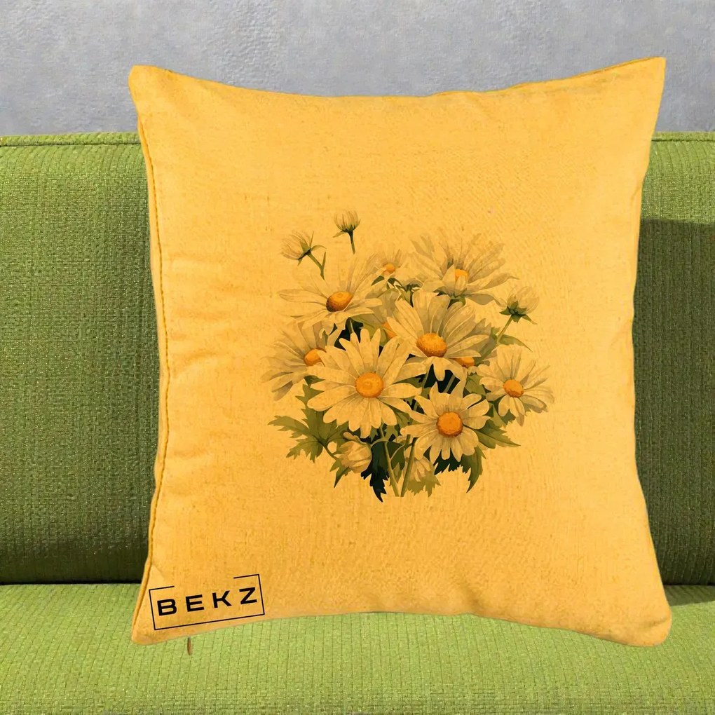 Perna Decorativa Buchet Margarete Albe Acuarela, 40x40 cm, Galben, Husa Detasabila, Perna Inclusa, BEKZ®