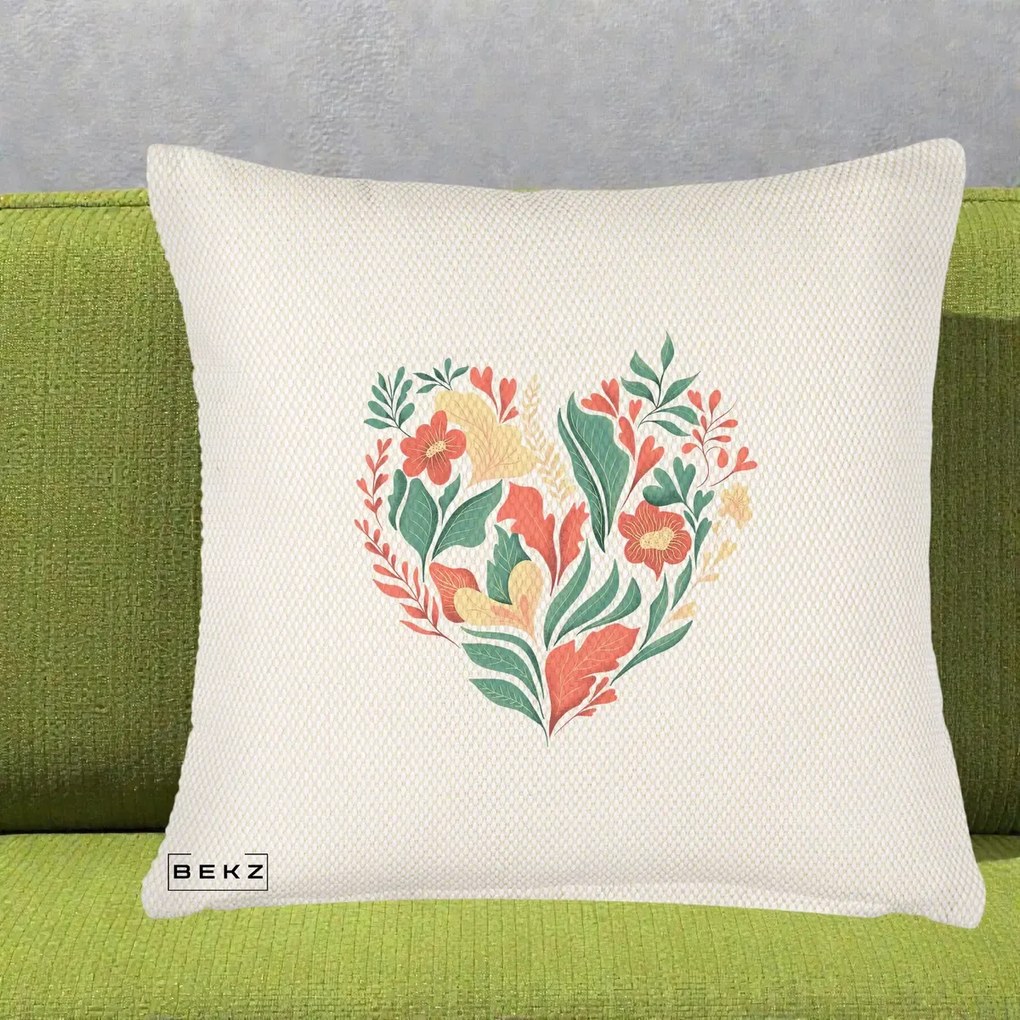 Perna Decorativa Inima Florala Botanica, 40x40 cm, Crem Reliefat, Husa Detasabila, Perna Inclusa, BEKZ®