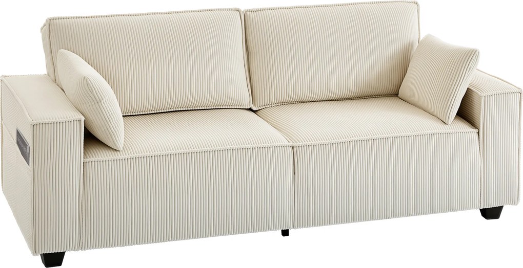 HOMCOM Canapea 3 locuri din velur canelat 218 cm, canapea de living, perne cu arcuri, cotiere late, 2 perne, bej | Aosom Romania