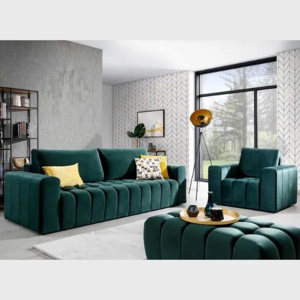 Set canapea extensibila, fotoliu si taburet verde inchis Lazio