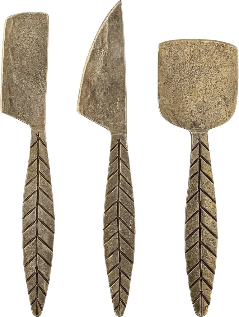 Set 3 ustensile pentru brânză din metal, alamă, mânere în formă de frunză cu desen în relief, finisaj lăcuit, 19 x 5 cm, „Citra”
