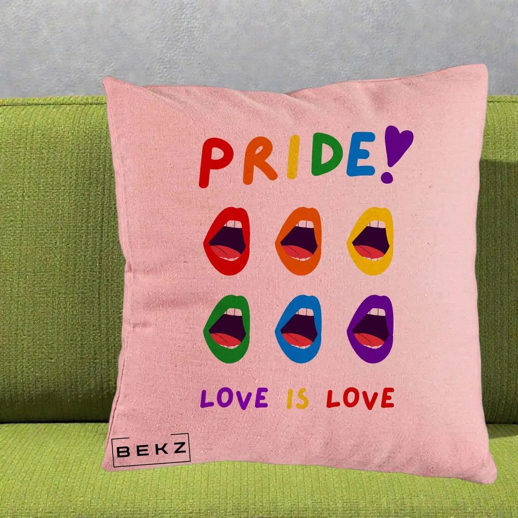 Perna Personalizata Pride Love is Love Curcubeu, 40x40 cm, Roz, Husa Detasabila, Perna Inclusa, BEKZ®