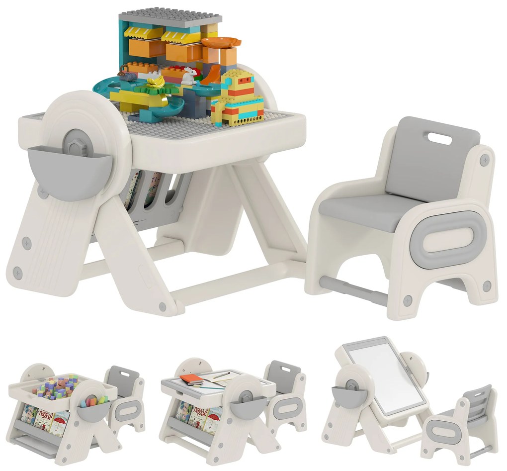 AIYAPLAY Set Masă și Scaun pentru Copii 3 în 1 cu Masă de Construcție, Tablă, Suport Convertibil și Containere, Masă Multiactivitate cu Scaun de Plastic pentru Copii 2-4 Ani pentru Cameră Copii | Aosom Romania