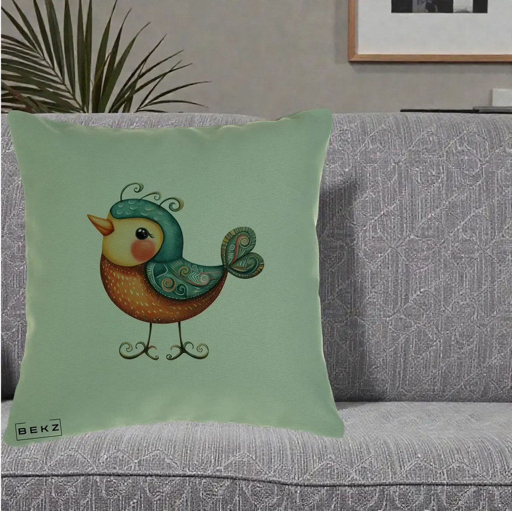 Perna Decorativa Pasare Ornamentala Folk Art, 40x40 cm, Verde, Husa Detasabila, Perna Inclusa, BEKZ®