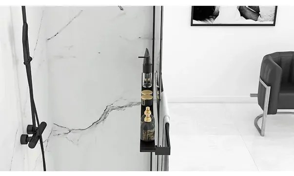Paravan de dus tip Walk-in Rea Aero 90x195 cm si etajera cu suport negru