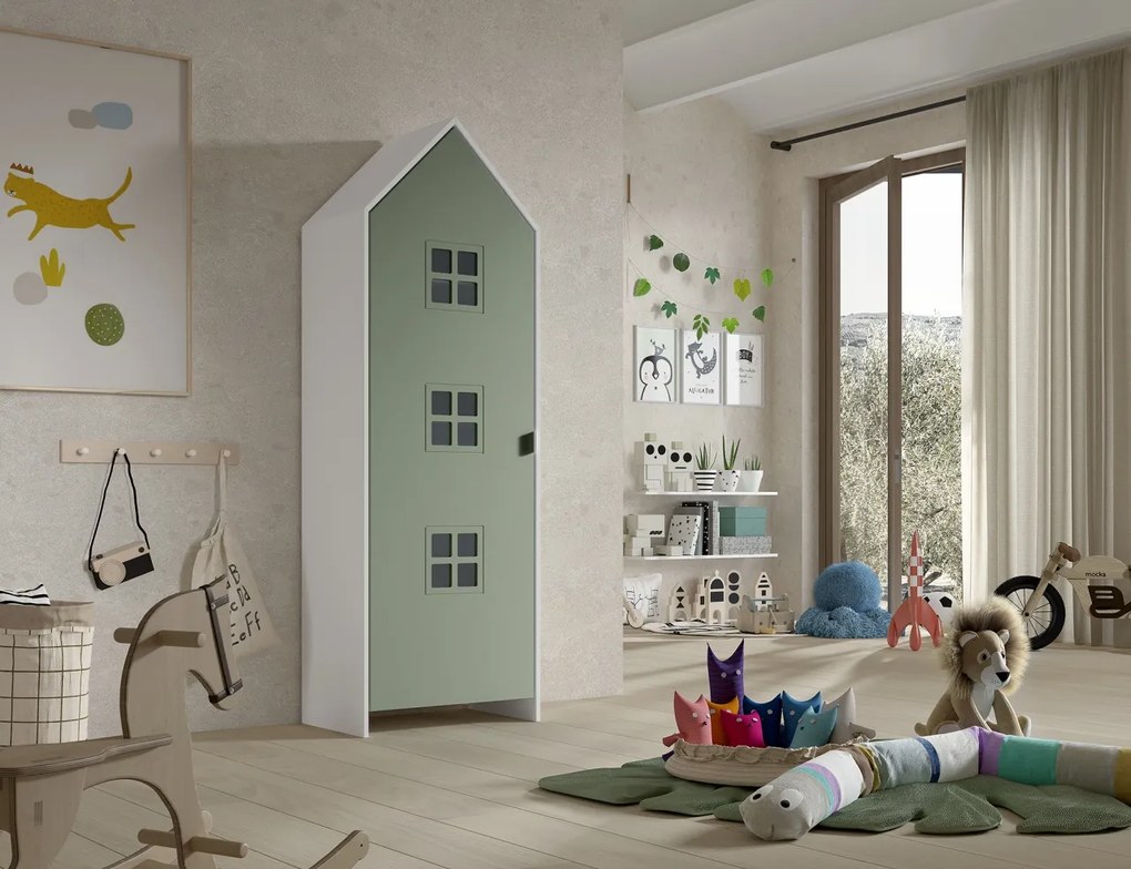 Dulap pentru copii Casami Bruges alb cu ușă verde – cu rafturi și cuier – Vipack