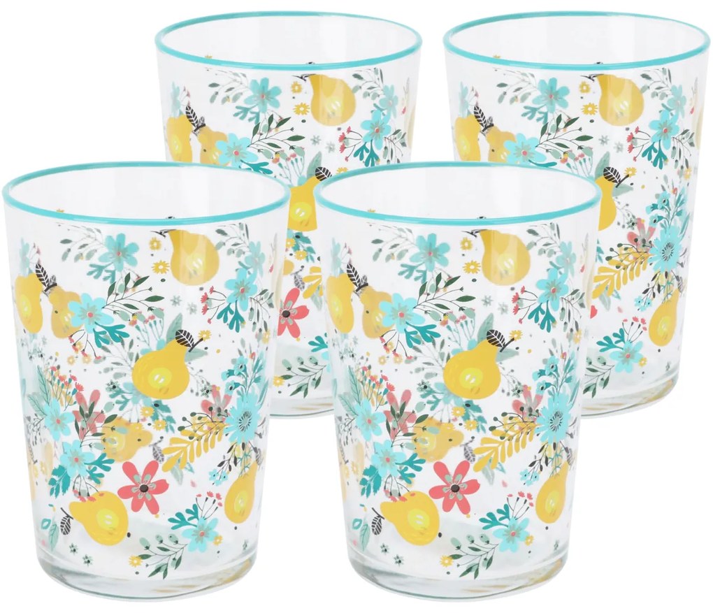 Set 4 pahare Flowers & Fruits 510 ml , albastru