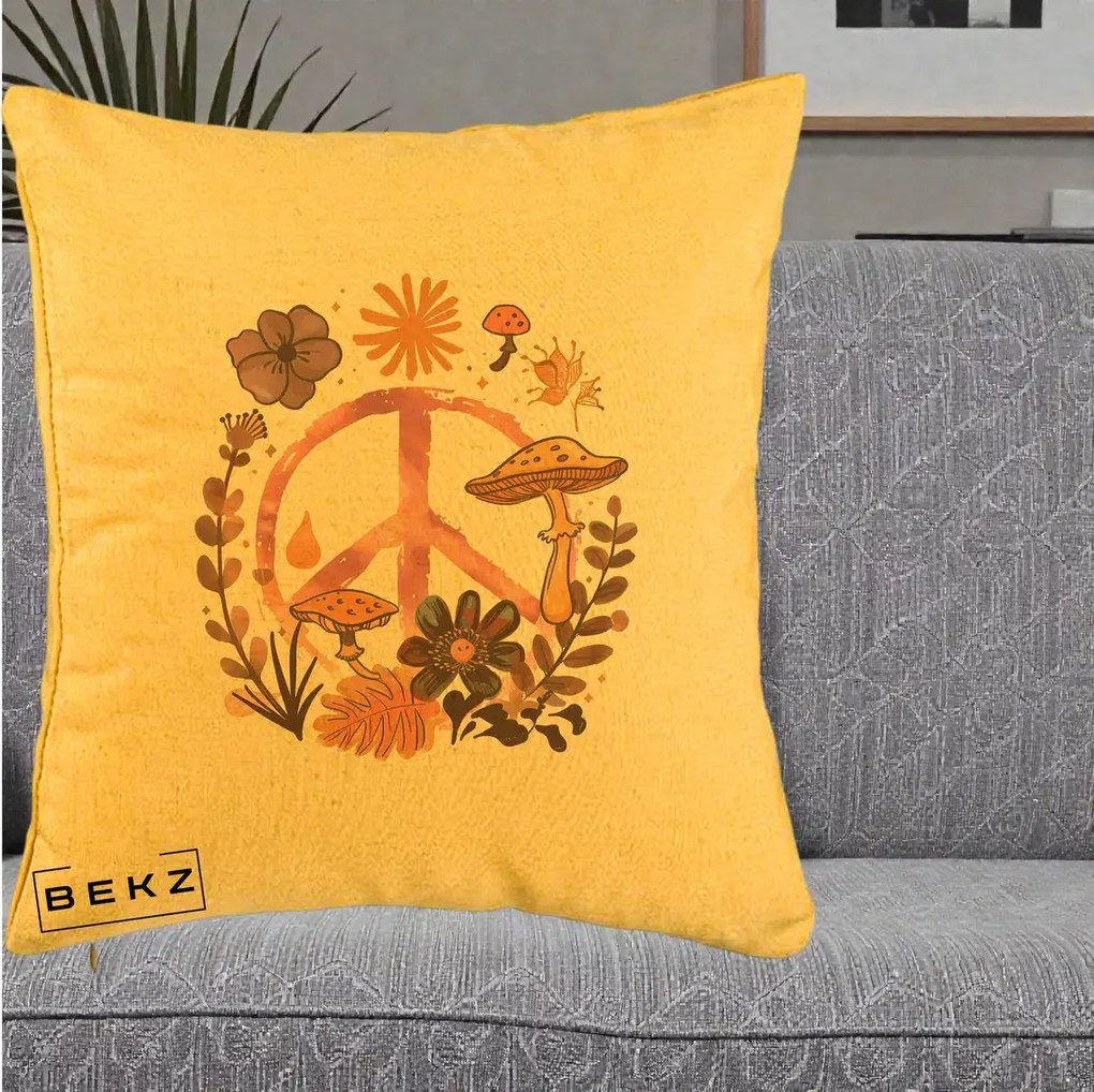 Perna Decorativa Peace Ciuperci Boho, 40x40 cm, Galben, Husa Detasabila, Perna Inclusa, BEKZ®