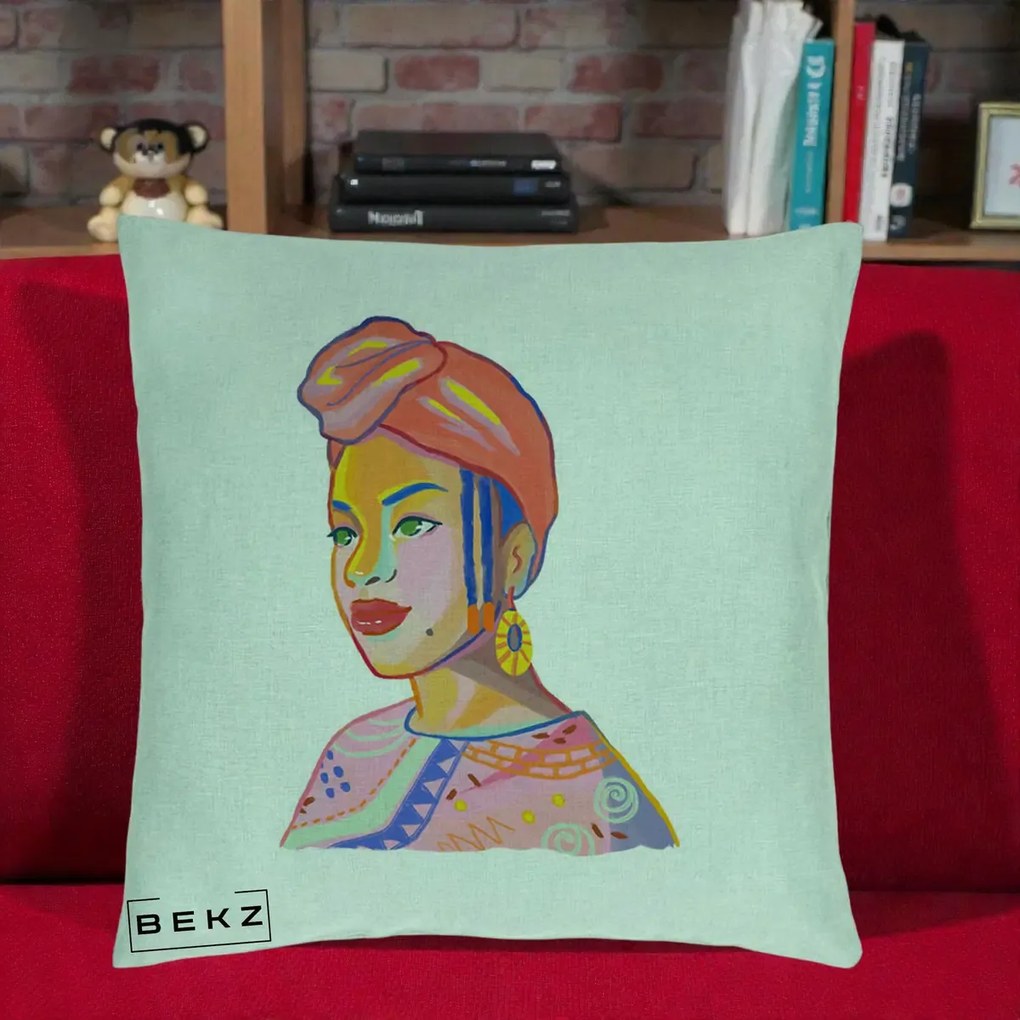 Perna Decorativa Portret Femeie Africana, 40x40 cm, Verde Menta, Husa Detasabila, Perna Inclusa, BEKZ®