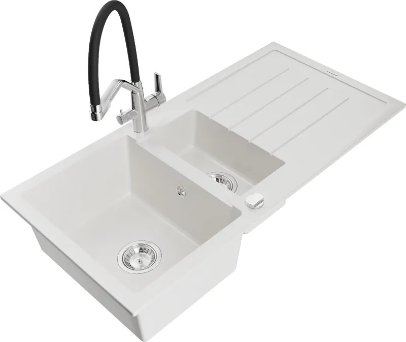 Mexen Andres chiuvetă granit 1,5 camere cu scurgător și baterie bucătărie Duo, alb - 6515-20-671701-07